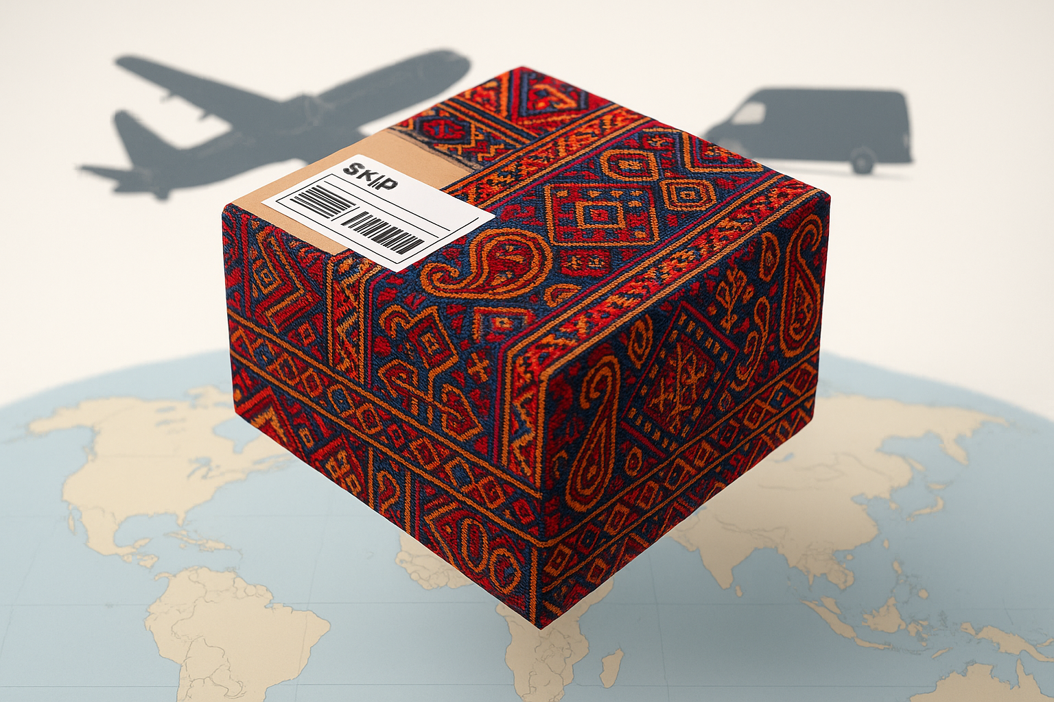Global delivery theme with shipping box wrapped in traditional Afghan fabric patterns